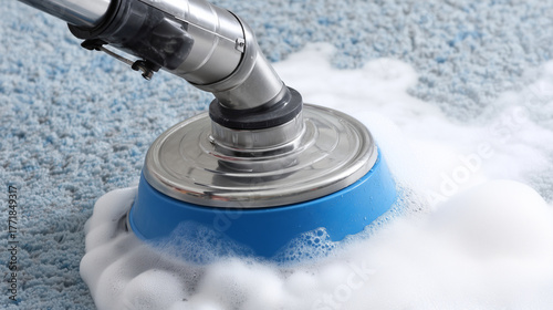 Deep-cleaning machine brushing carpet, bubbles clearing grime, renewed color beneath