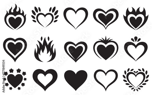 A collection of fifteen stylized black and white heart vector icons