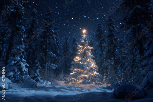Snow covered evergreen tree standing in winter forest illuminated by string lights and glowing star topper at night surrounded by tall pine trees under star filled sky