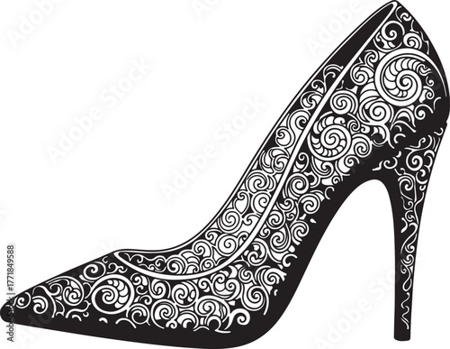 Black silhouette of a high heel pump with swirls