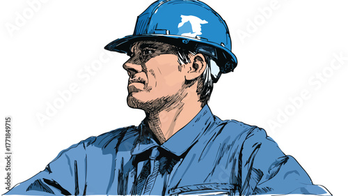 Professional Drawing of Man in Blue Uniform and Hard Hat for Project Site Visuals