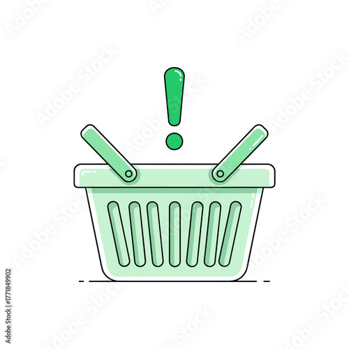 Shopping Basket with Green Exclamation Mark for Important Retail Alert