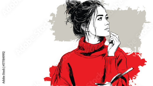 Illustration of Woman in Red Sweater Holding Pencil in Hair