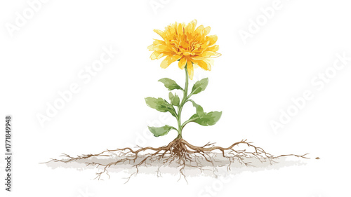 Vibrant Yellow Flower Drawing with Exposed Roots Vector Illustration