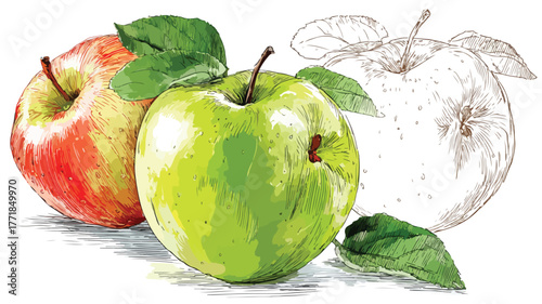 Vibrant Drawing of Apples & Green Apple with Sticker - Creative Fruit Illustration