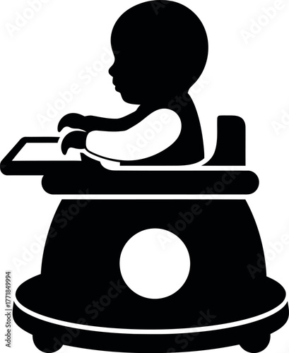Silhouette of a baby sitting in a baby walker with a toy tray in front of them