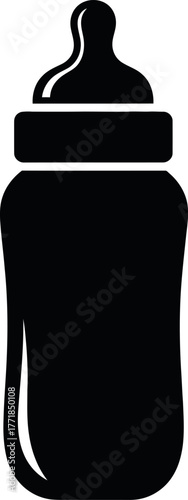 Simple black silhouette icon of a baby bottle with nipple and cap on white background