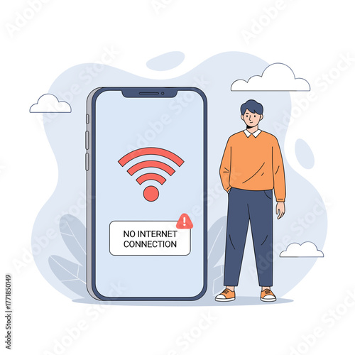 Person Next to Smartphone Displaying "No Internet Connection" Message Icon