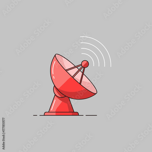 Red satellite dish emitting wireless signals, symbolizing telecommunication, broadcast, and global connectivity, flat vector illustration.