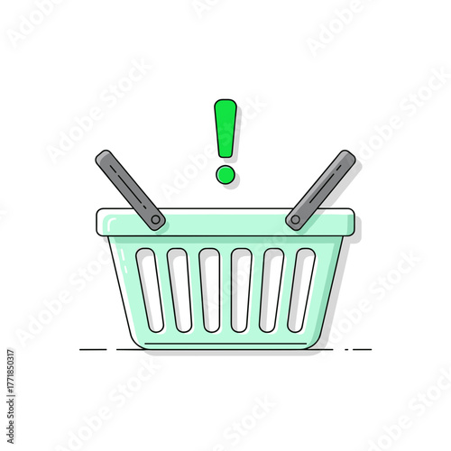 Stylized Empty Shopping Basket with Green Exclamation Mark, Indicating a Shopping Alert or Opportunity.