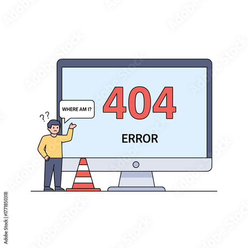 Man Confused by 404 Error on Computer Screen with "Where Am I?" Speech Bubble, Website Not Found Concept.