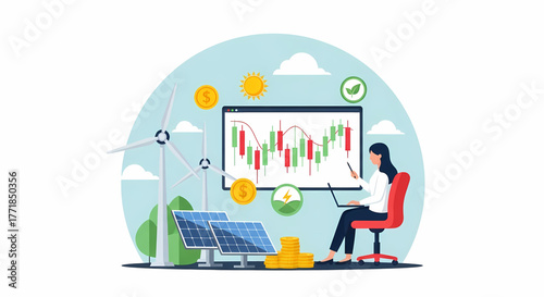 Illustrating the strategic investment and financial growth in renewable energy, a woman analyzes stock market trends related to sustainable technology for a prosperous future