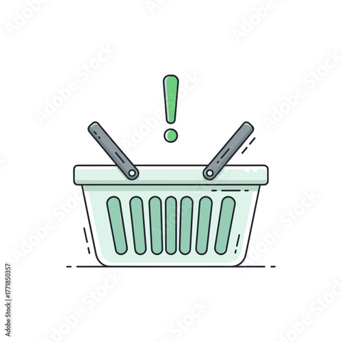 Empty Shopping Basket with Green Exclamation Mark, Representing Important Shopping Alert or Reminder.