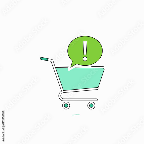 Shopping Cart with Green Exclamation Mark in Speech Bubble, Symbolizing Shopping Notification or Alert.