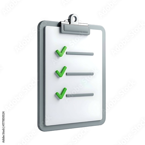 A 3D rendered clipboard with a blank paper and green check marks on a black background