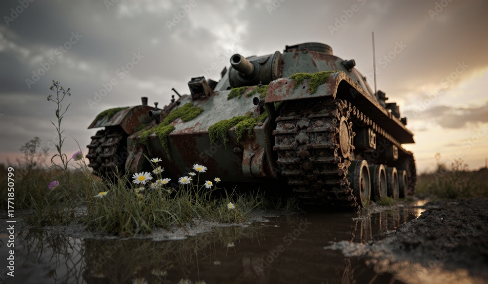 Fototapeta premium Abandoned tank covered in moss in a field