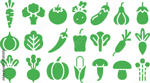 Vegetables Silhouette Icon Set – Broccoli, Potato, Onion, Garlic, Lettuce, Spinach, Pepper, Cucumber, Pumpkin, Turnip, Celery, Cabbage, Mushroom, Vector illustration