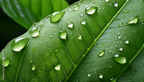 close up of fresh green leaf covered with water droplets
