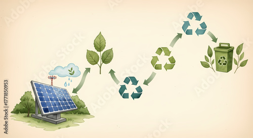 Illustrative representation of the sustainable journey from solar energy generation to recycling, highlighting eco-friendly practices and environmental preservation through circular economy principles