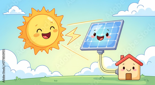 Cheerful cartoon sun powers a cute solar panel, generating clean renewable energy for a happy little house, illustrating sustainable living and eco-friendly technology with a whimsical touch