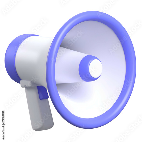 A 3D rendered megaphone with light blue and white color scheme, isolated on black