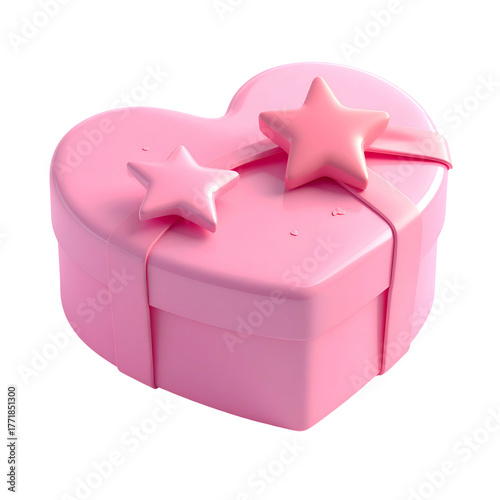 A 3D rendered pink heart-shaped gift box, tied with ribbon and decorated with stars