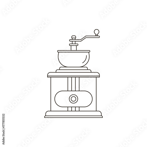 Illustration of a vintage coffee grinder with a handle and drawer on a white colored background