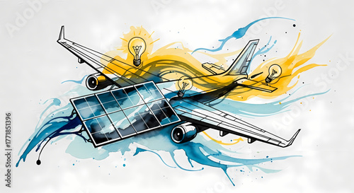 Conceptual artwork depicting sustainable aviation, emphasizing the integration of solar power and innovative eco-friendly technologies for greener air travel and environmental responsibility