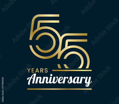 55 Years Anniversary with ribbon design vector illustration. Unique 55 years logo design template. In gold color