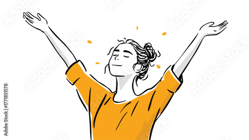 Elegant Woman Celebrating with Arms Up Vector Illustration