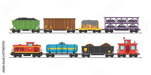 Trains delivering cargo and freight along railroad tracks