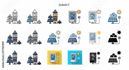 Modern sustainable energy icons set featuring solar panels, renewable power generation, and clean technology integration for eco-friendly solutions and global infrastructure development
