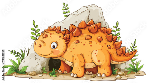 Cute Cartoon Ankylosaurus Dinosaur Illustration in Prehistoric Landscape