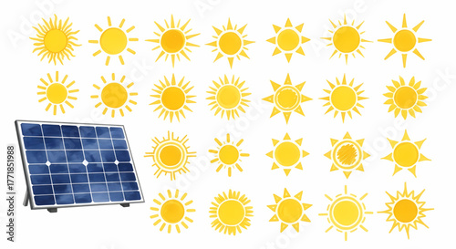 Vibrant sun symbols showcasing the power of natural light, paired with a solar panel representing sustainable energy solutions and renewable electricity generation