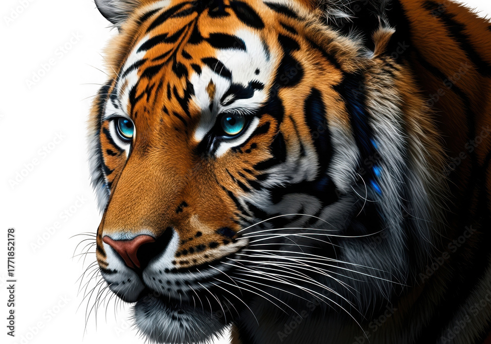 Fototapeta premium Majestic tiger portrait intense gaze vibrant colors wild animal nature photography isolated on transparent background
