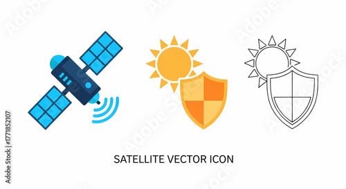 Collection of vector icons, featuring a detailed satellite representing global communication and essential sun and shield symbols for robust protection and solar safety concepts