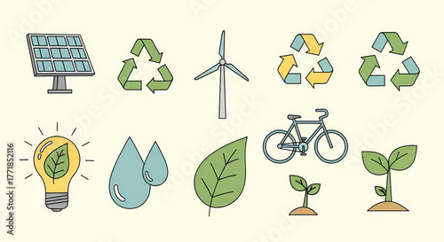 A vibrant concept collection of diverse eco-friendly and sustainability icons, illustrating essential elements like renewable energy sources, environmental protection symbols, and natural growth