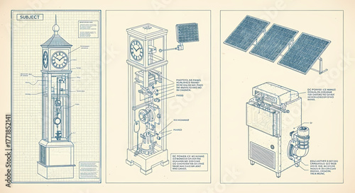 Detailed technical blueprints showcasing complex mechanical clockwork designs alongside modern sustainable energy systems and industrial machinery diagrams, illustrating engineering principles