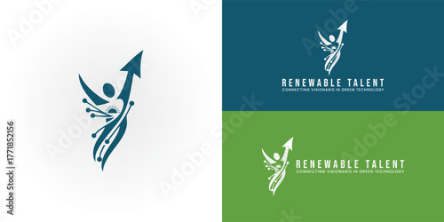 The energetic figure features an upward arrow and sunburst details to symbolize top talent, professional growth, and the bright future of renewable energy recruitment.