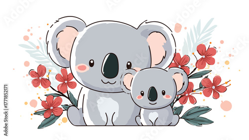 Cute Kawaii Cartoon Koala Mom and Baby Characters Illustration