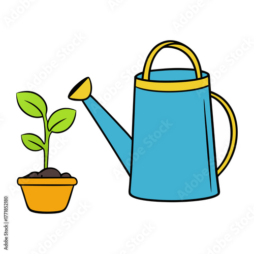 clean illustration of watering can beside seedlings