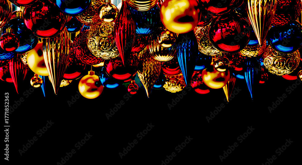 Naklejka premium Festive Red Blue Gold Christmas Ornaments Hanging Dark Background decorations holiday