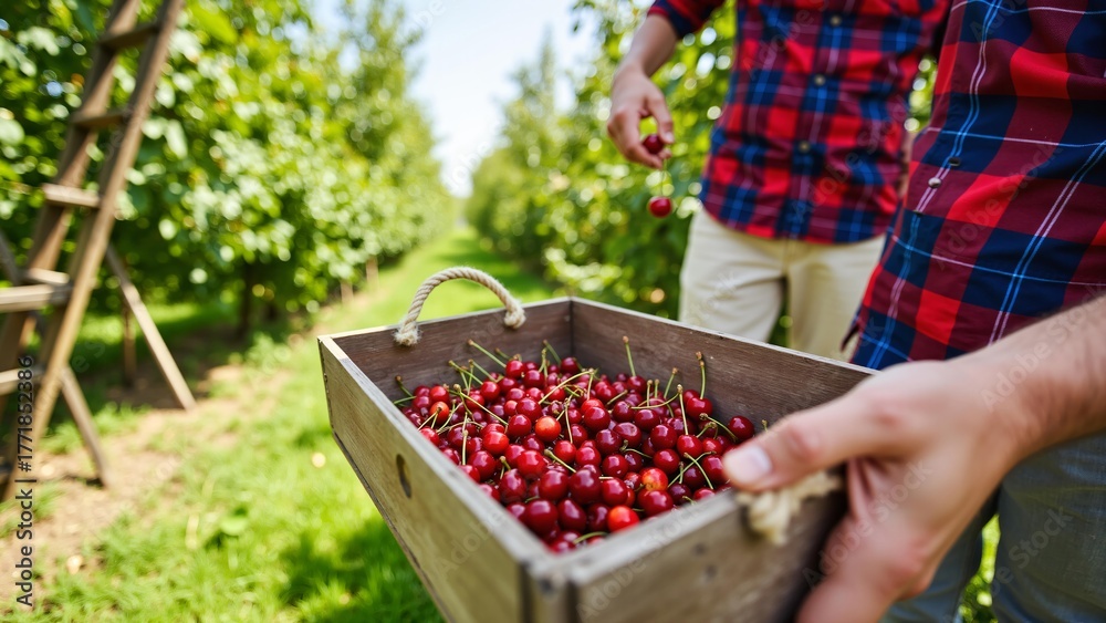Fototapeta premium Fruit farmer holding fresh cherries