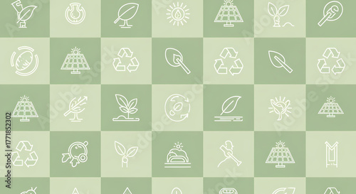 A visually engaging and modern seamless pattern featuring an array of outlined eco-friendly and environmental icons, symbolizing sustainability, renewable energy, and nature conservation, beautifully