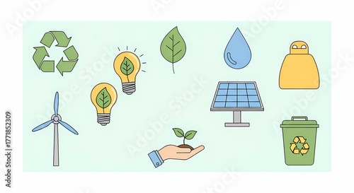 Diverse vector icon set representing environmental sustainability, featuring renewable energy, ecological protection, and responsible resource management for a greener, eco-conscious future