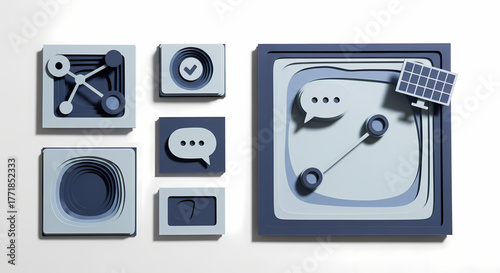 Modern 3D paper cut graphic portraying key digital concepts network communication, messaging, solar energy, and user interface elements, crafted in a layered blue and white aesthetic