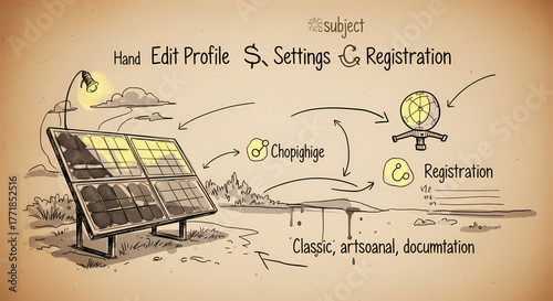 Artisanal hand-drawn conceptual illustration depicting solar panel energy flow integrating with digital processes for profile settings and user registration, showcasing an abstract data ecosystem