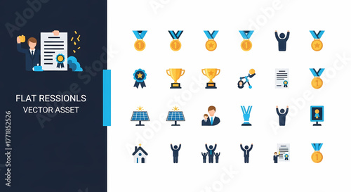 A versatile collection of flat design vector icons representing business success, professional achievement, awards, and celebratory recognition. Perfect for illustrating triumph, career milestones