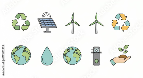 Comprehensive collection of environmental sustainability icons illustrating renewable energy sources, ecological conservation, and responsible resource management for a healthier future