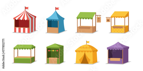 Variety of outdoor market stalls and fair booths collection